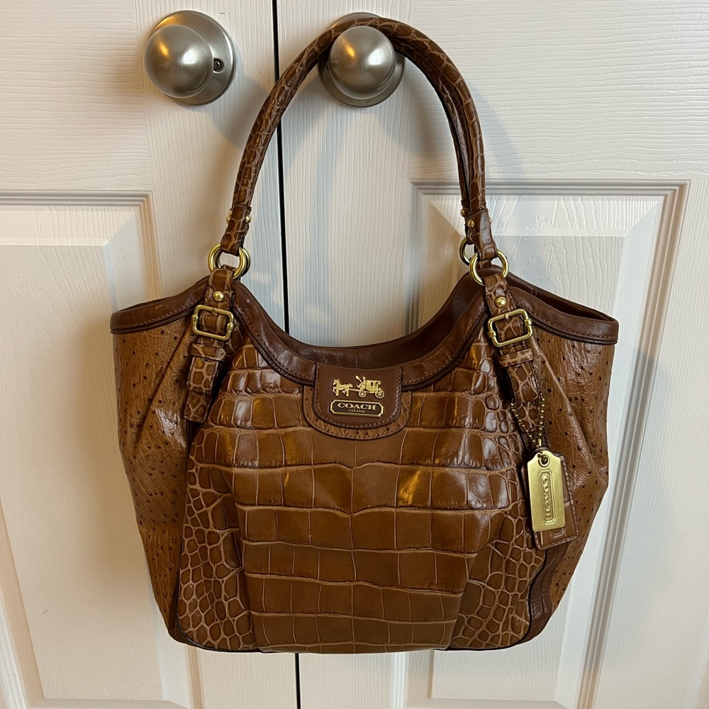 Coach “Snake skin” Leather Handbag in Chestnut with matching wallet.